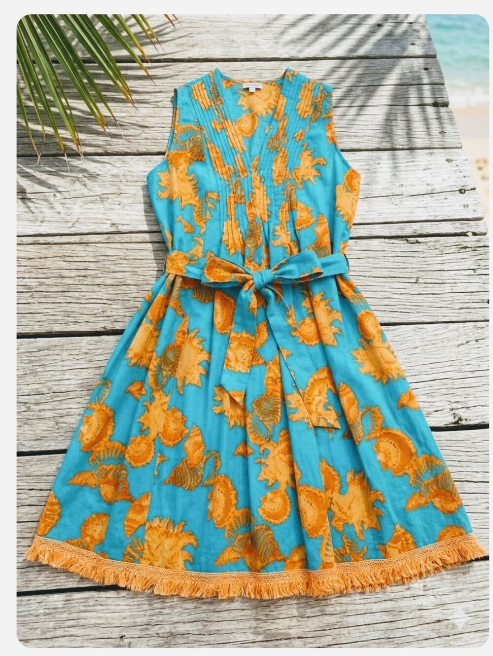 MODAPOSA Sea Shell Fringe Dress Teal Orange Size S Resort Coastal Pintuck